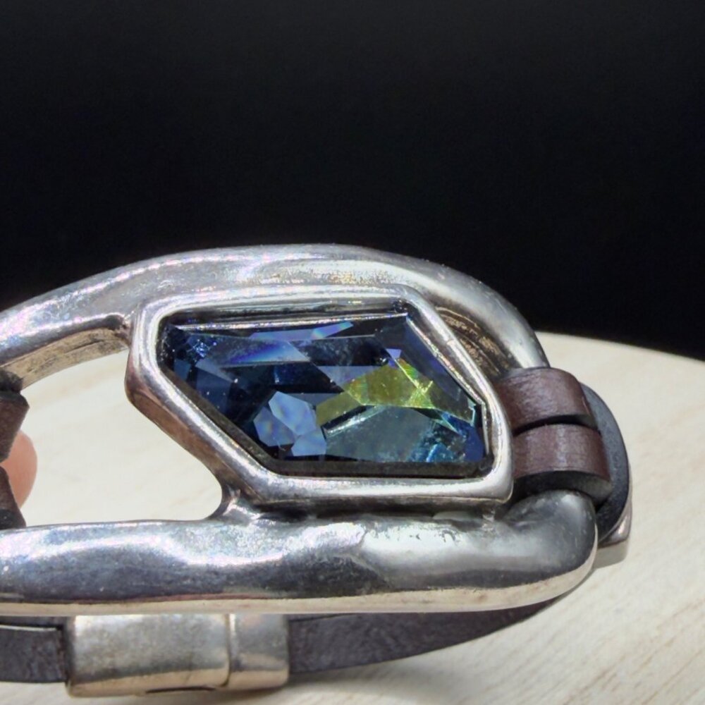 Handcrafted Leather Bracelet Silver Tone Metal Iridescent Glass Stone Magnetic - Picture 6 of 13